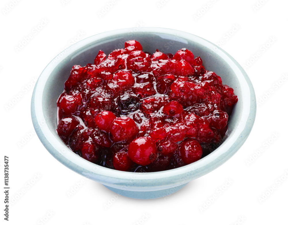 Tasty cranberry sauce in bowl isolated on white Tasty cranberry sauce in bowl isolated on white