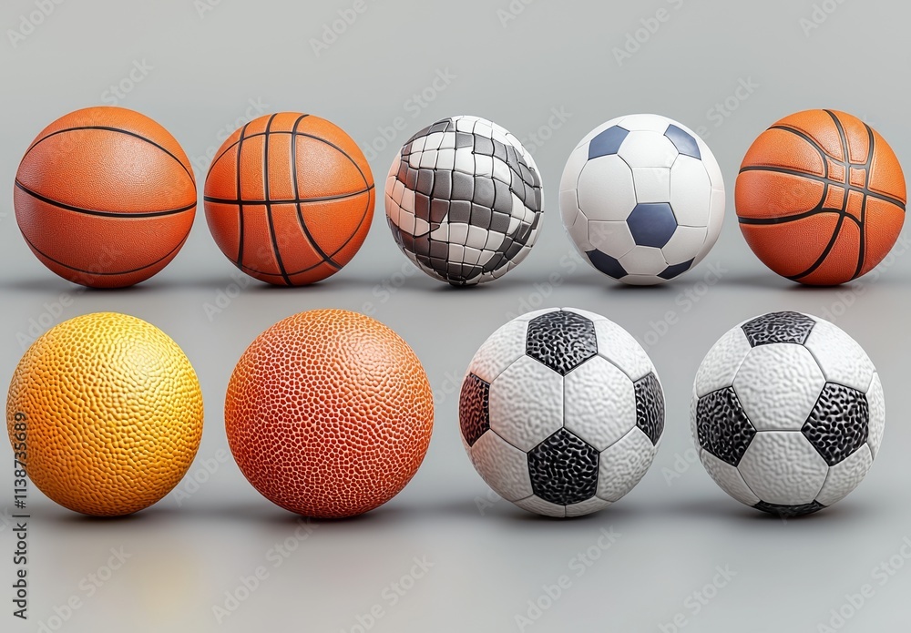 A diverse set of sports balls such as a rugby ball, basketball, soccer ball, volleyball, baseball, and tennis ball. A diverse set of sports balls such as a rugby ball, basketball, soccer ball, volleyball, baseball, and tennis ball.