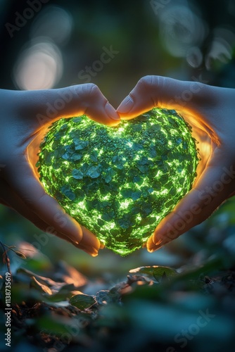 Heart shaped globe surrounded by green energy represents love for the planet