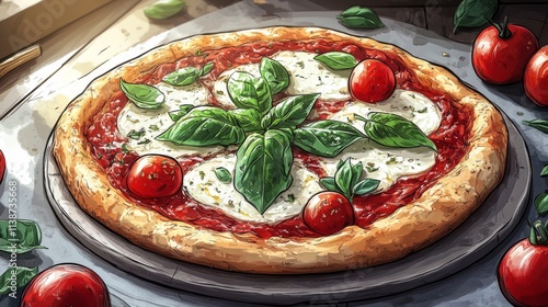 Freshly made pizza topped with basil and cherry tomatoes on wooden table