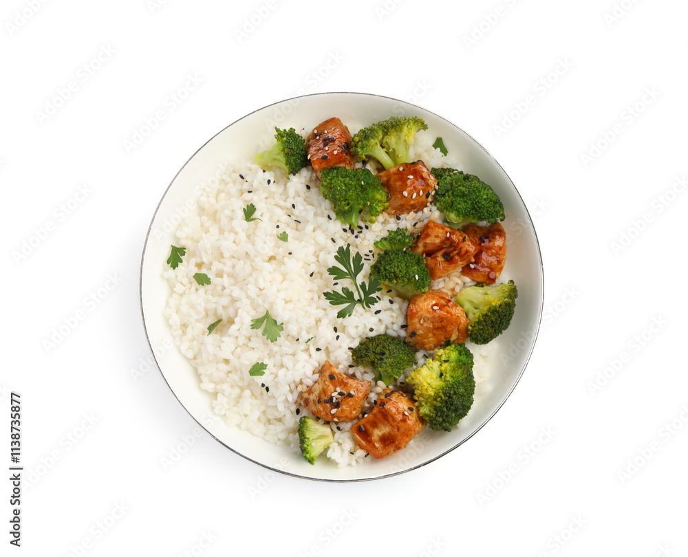 Tasty rice with broccoli, chicken and parsley isolated on white, top view Tasty rice with broccoli, chicken and parsley isolated on white, top view