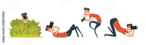 Man Photographer Taking Photos Using Professional Equipment Vector Set