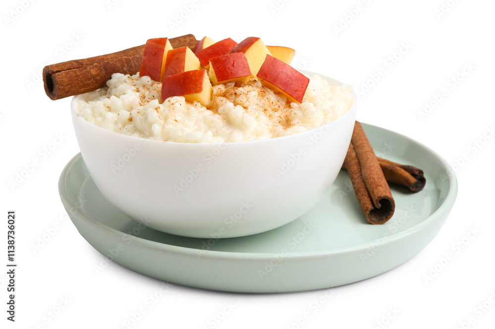 Delicious rice pudding with apples and cinnamon isolated on white Delicious rice pudding with apples and cinnamon isolated on white