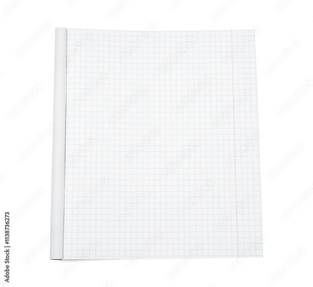 One open copybook isolated on white, top view. School stationery One open copybook isolated on white, top view. School stationery