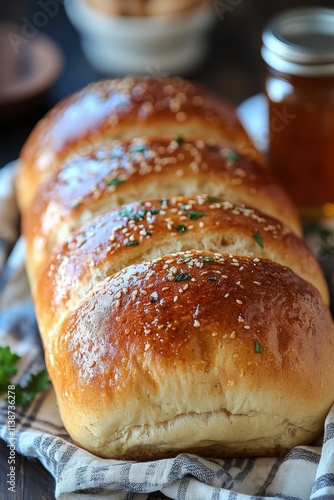 Freshly baked bread loaves with melted butter and olive oil in a rustic setting