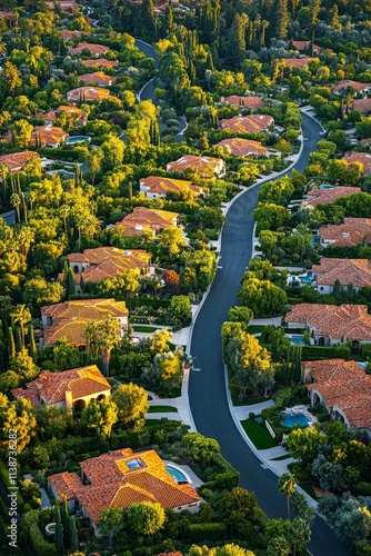 Lush suburban homes nestled among trees in a winding neighborhood at sunset