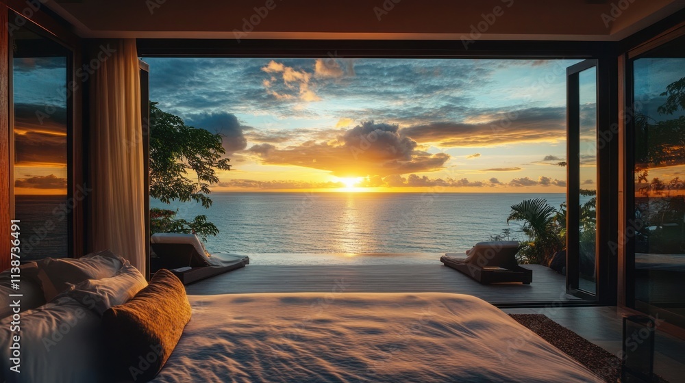 Fototapeta premium Bedroom with ocean sunset view.