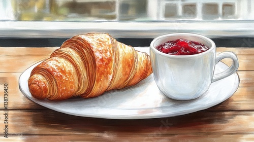 Breakfast setup with croissant, berries, and jam on rustic wooden table