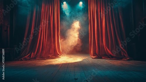 Dramatic stage curtains part to reveal an atmospheric performance space with ...