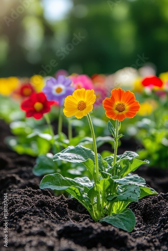 Vibrant flowers bloom in a sunny garden during springtime showcasing natures ...