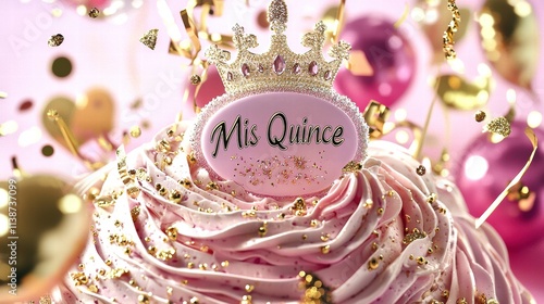 A beautiful pink quinceañera cake topped with a glittering crown and festive decorations. photo