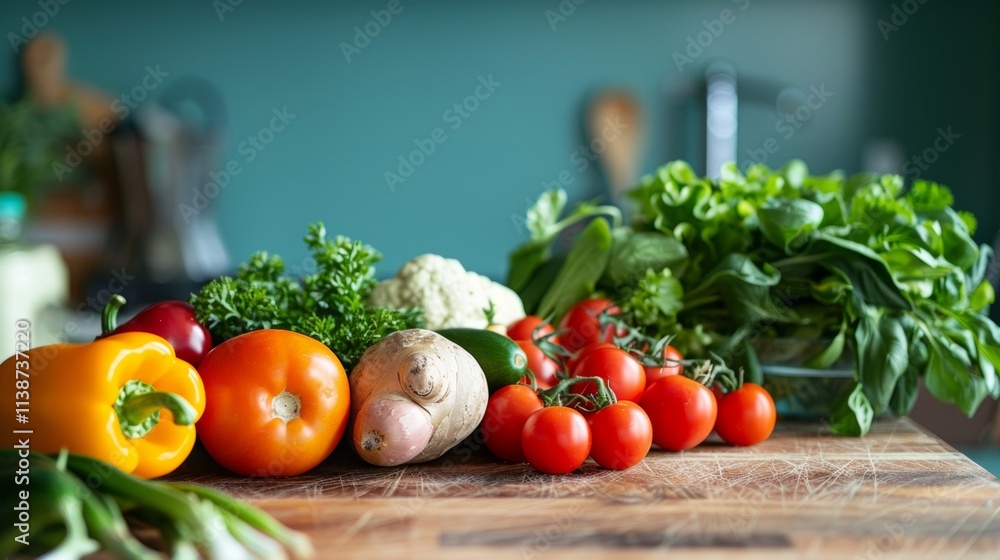 Fresh vegetables arranged on a wooden kitchen countertop Fresh vegetables arranged on a wooden kitchen countertop