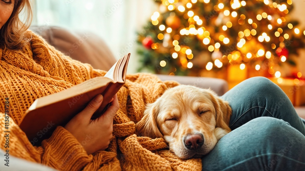 Woman reading book with sleeping golden retriever on lap, cozy winter evening near Christmas tree