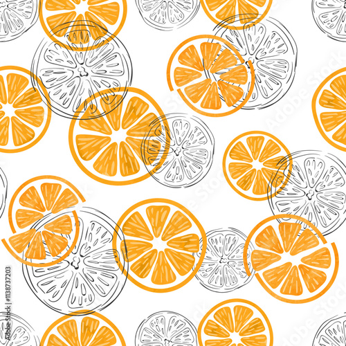 Seamless orange fruit pattern. Vector background with watercolor and doodle orange slices