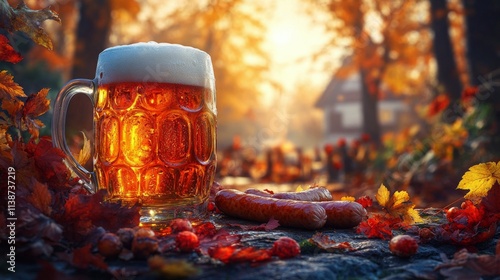 Golden beer and sausages on a rustic table in a vibrant garden at sunset