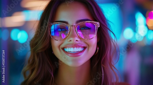 Bright smile of a woman with futuristic glasses in a vibrant urban setting at...