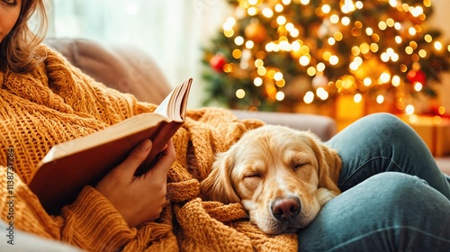 Obraz na płótnie Woman reading book with sleeping golden retriever on lap, cozy winter evening near Christmas tree
w salonie