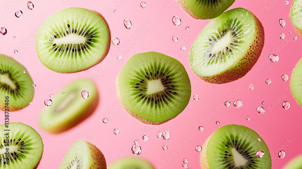 Fototapeta premium Kiwi Fruit Slices Falling Pink Background