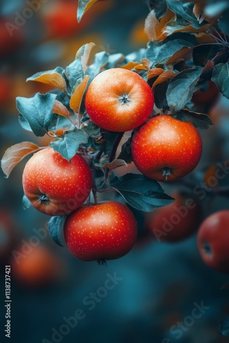 Freshly harvested apples with dew in a lush orchard during early morning hours