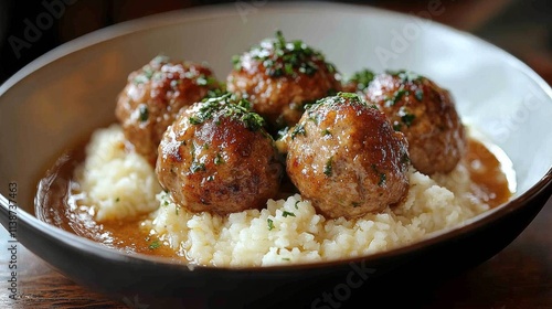Delicious meatballs served in rich sauce with rice and herbs