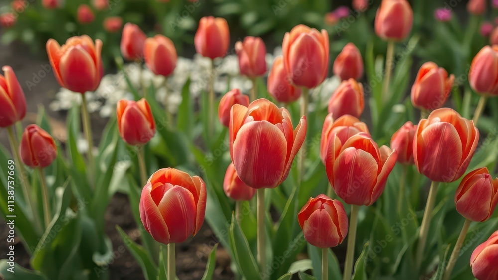Vibrant red tulips, fresh from the garden, petals unfurled, plant,garden,closeup Vibrant red tulips, fresh from the garden, petals unfurled, plant,garden,closeup