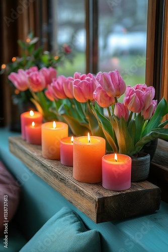 Beautiful arrangement of tulips and candles on a rustic wooden table in a coz...