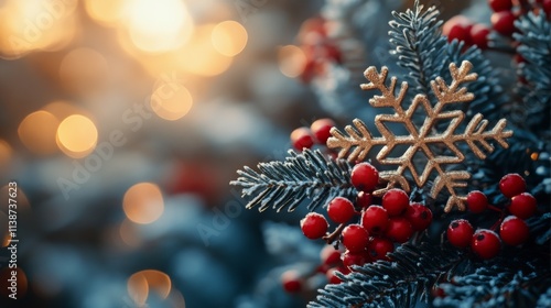 Winter snowfall with red berries and evergreen branches creating a festive at...