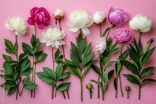 Colorful peonies arranged on a pink background showcasing their beauty and di...