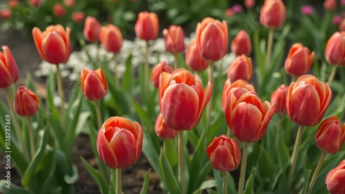 Vibrant red tulips, fresh from the garden, petals unfurled, plant,garden,closeup