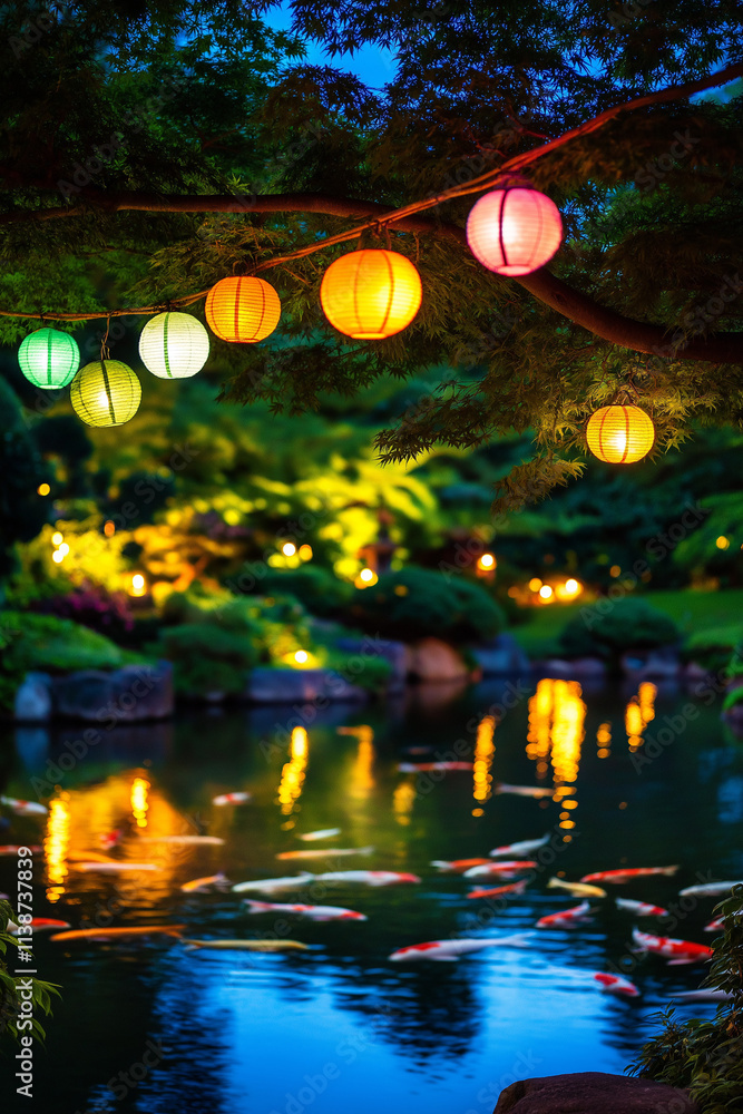 Obraz premium A peaceful Japanese garden during a lantern festival, with glowing, colorful lanterns hanging from trees and floating on a still pond filled with elegant koi fish, their reflections shimmering on the 