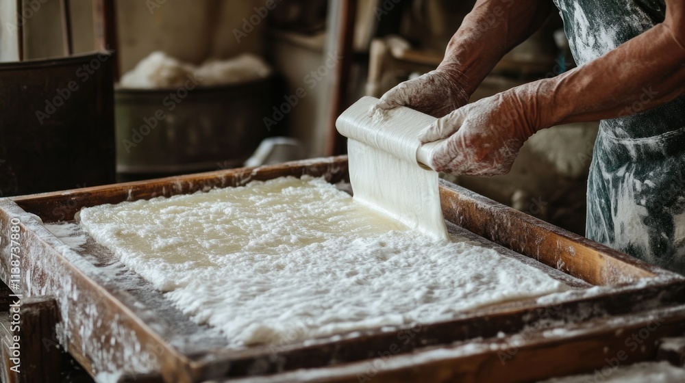 Hands carefully spreading dough on a floured surface. Hands carefully spreading dough on a floured surface.