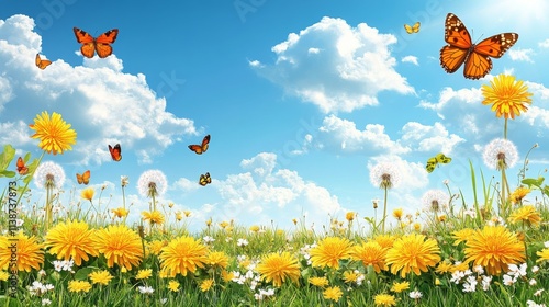 Colorful butterflies flutter among vibrant flowers under a bright blue sky
