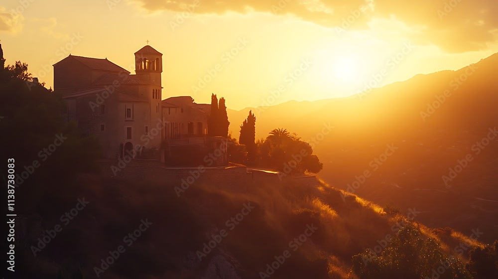Obraz premium A serene sunset view over a hillside building, creating a tranquil atmosphere.