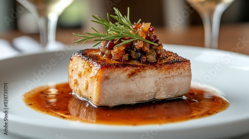 Deliciously plated gourmet dish with sauce and herbs in fine dining restauran...
