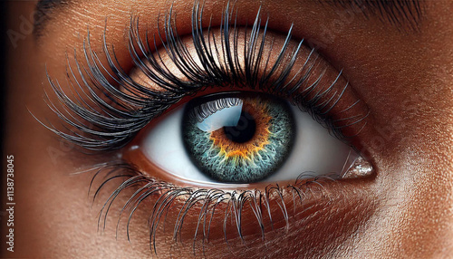a human eye, highlighting the beauty of the iris and eyelashes. A detailed view of vision and eyesight, showcasing health and attractiveness. A macro shot of the eye