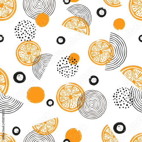 Abstract seamless orange fruit pattern. Citrus fruits and dots on white background