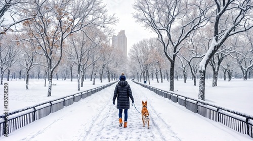 Person walking dog in snow-covered park surrounded by trees during a winter day
