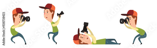 Man Photographer Taking Photos Using Professional Equipment Vector Set