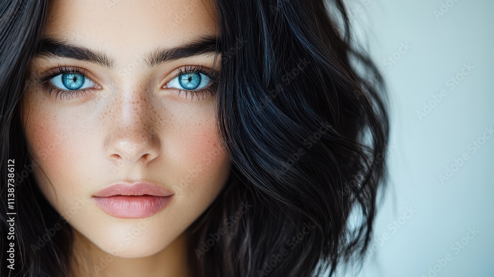 Fototapeta premium Elegant hair dye packaging featuring a confident young woman with rich black hair and captivating blue-gray eyes