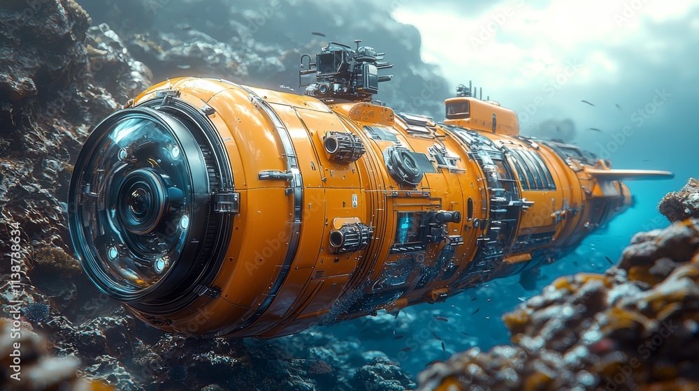A submersible research drone taking pictures of an uncommon marine species. A submersible research drone taking pictures of an uncommon marine species.