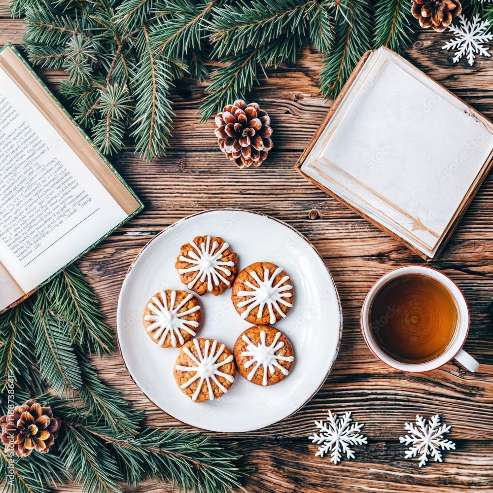 Winter flat lay with cookies, cup of tea, pine branches, and open book on rustic wooden table
