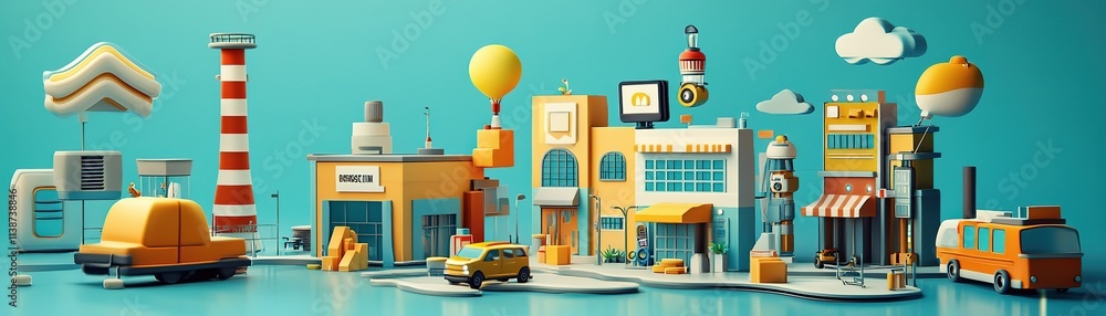 Fototapeta premium Vibrant urban scene cityscape 3d illustration colorful environment wide angle creative design