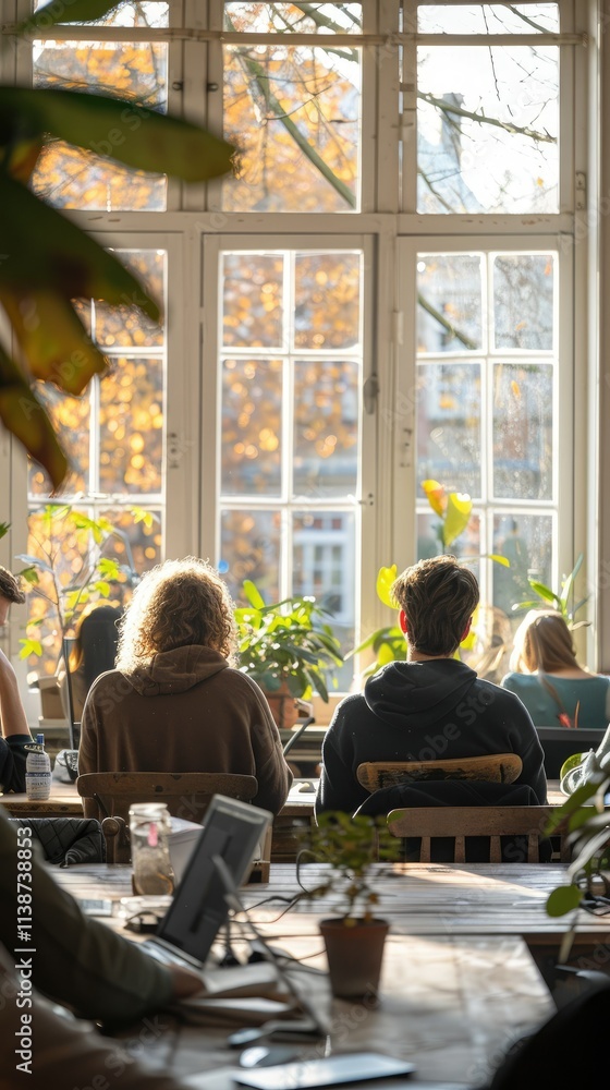 Obraz premium A cozy workspace with people engaged in activities, surrounded by plants and natural light.