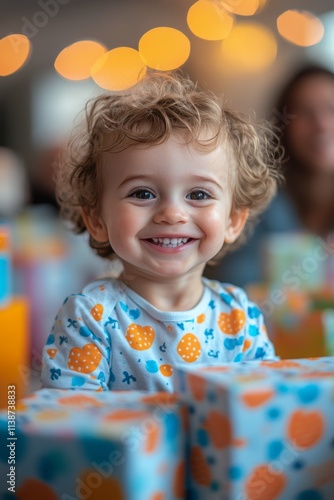 Child smiling with colorful gifts at a joyful gathering celebration