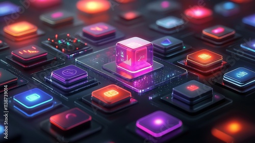 Digital data visualization in a futuristic virtual environment with glowing e...