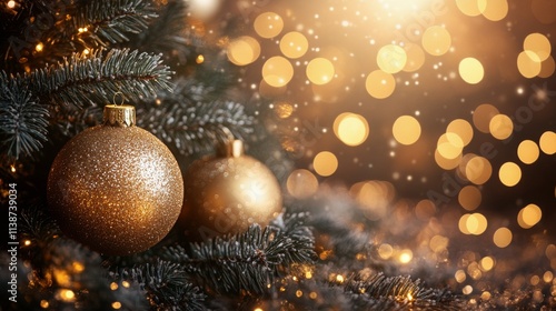 Beautiful golden ornaments and pine cones on a festive table with blurred lights