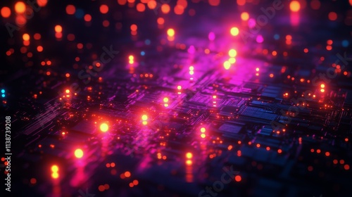 Abstract representation of electronic circuit board illuminated by colorful l...