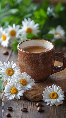 Coffee cup surrounded by daisies on a rustic wooden table in a cozy setting