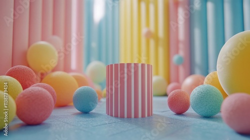 Colorful play area with pastel balls and striped cylinder in bright surroundings