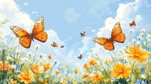 Colorful butterflies flutter among vibrant flowers under a bright blue sky